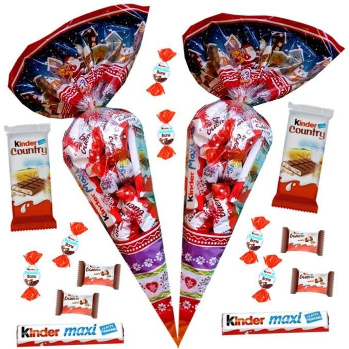 2 sachets cône de Noël garnis de 55 KINDER Schokobons, Mini Bueno, Country, Maxi