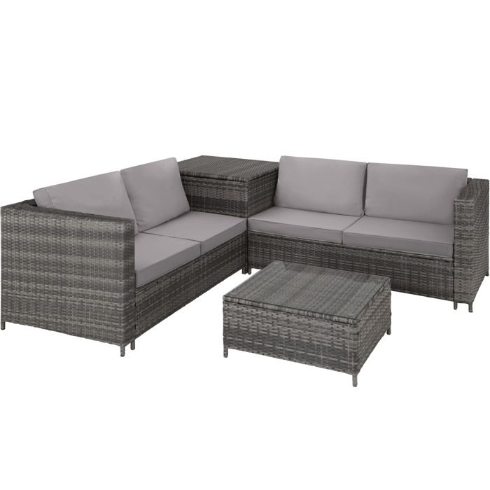 TECTAKE Salon de jardin SIENNE 4 Places avec 2 Canapés modulables + 1 Table basse en Résine tressée + Coffre Gris