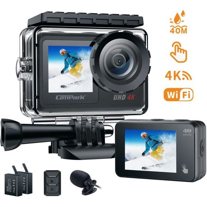 CAMPARK V40 Caméra Sport 4K 30fps 20MP EIS WiFi 2- LCD Écran Tactile avec Double écran,Zoom/accéléré/microphone externe