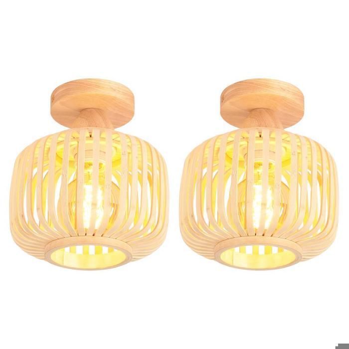 IDEGU 2pcs Rétro Plafonnier en Bois et Bambou Lustre Industriel E27 Luminaire Abat-Jour Design Cage pour Chambre Salon Entrée