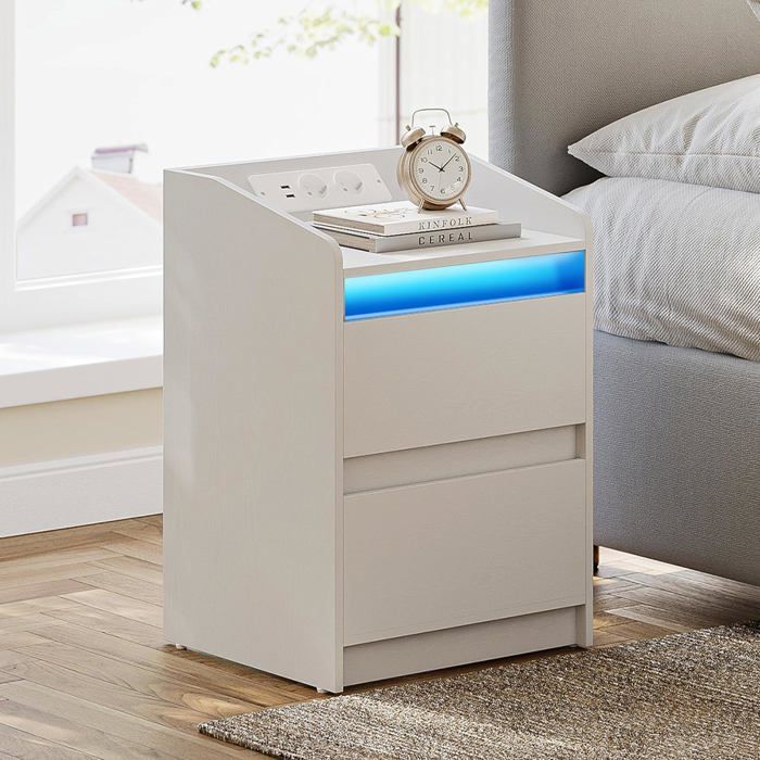 Tables de Chevet avec lumières LED Station de Chargement et 2 tiroirs Table dappoint avec Ports USB et Prises électriques Blanc