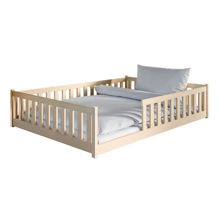 Structure de lit enfant 140x200 cm - Lit au sol avec barrière de lit - Matelas + Sommier inclus - Lit Montessori - Pin naturel