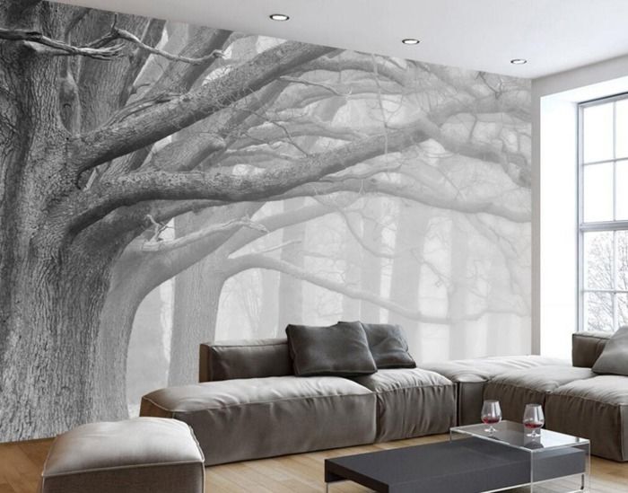 Papier Peint Panoramique 3D noir et Blanc Grand arbre brouillard forêt ...