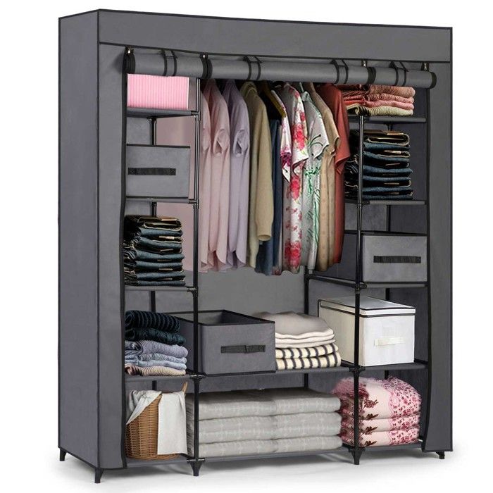 Armoire textile avec tiroirs - JANSHOP - Massido - 45x135x170 cm - 12 étagères - 3 tiroirs - Rail pour cintres