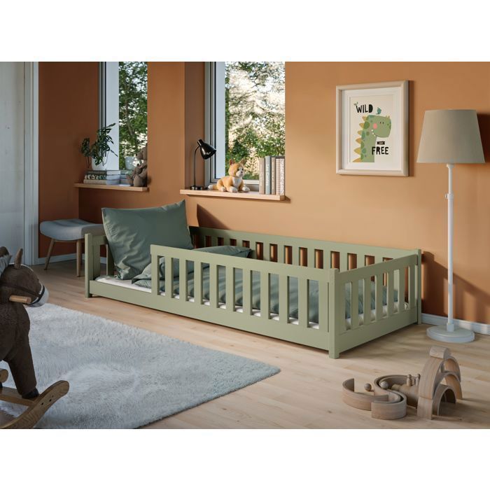 Lit au sol enfant 80x160 cm - Matelas INCLUS - Avec sommier + barrière de lit - Lit Montessori enfant - Pin massif - Vert Olive