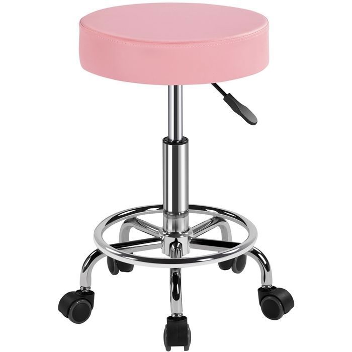 Yaheetech Tabouret Rond à Roulettes avec Assise Réglable en Hauteur et Revêtement en Similicuir Rose