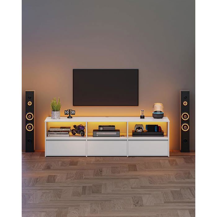 Meuble TV avec LED RGB et Télécommande pour Téléviseurs jusquà 65 Banc TV 3 Tiroirs et Espace de Rangement Ouvert Blanc