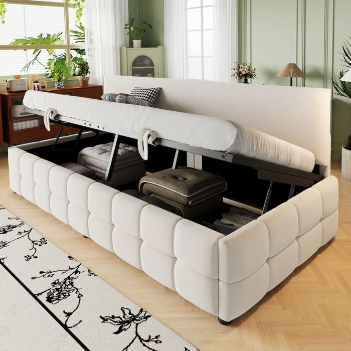 Canapé-lit rembourré 90x200 cm avec sommier à lattes lit simple multifonctionnel avec revêtement en velours lit 1 personne beige