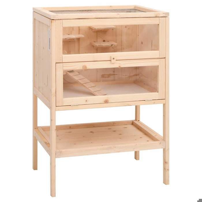 Cage pour hamster en bois - Happiness - 55x40x80 cm - Sapin massif - Grille de toit à charnières - Deux niveaux