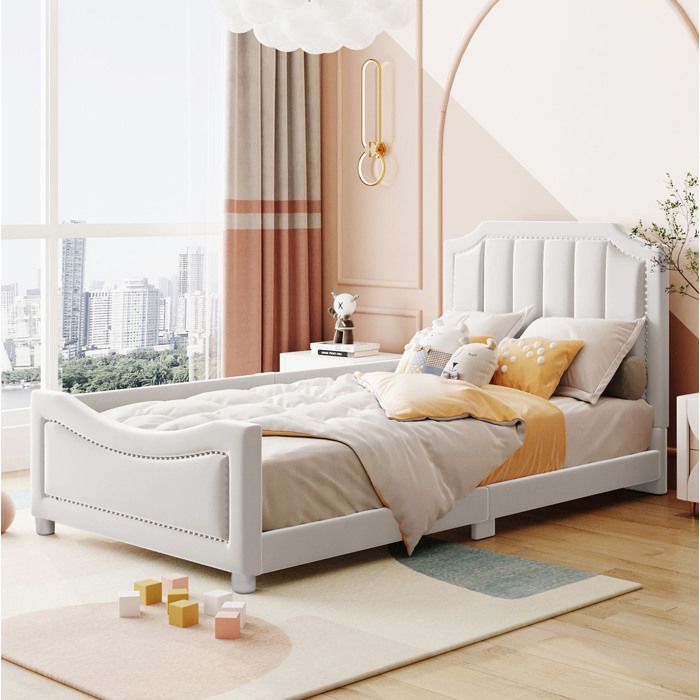 Lit enfant rembourré 90 x 200 cm EVRYAE avec accoudoirs sommier à lattes flanelle beige