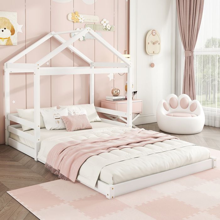 Lit enfant - Lit cabane 140x200cm - Pin massif - Sommier à lattes - Blanc