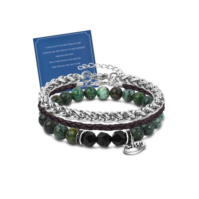 Bracelet Homme Coffret Cadeau Lot de 3 Pièces en Cuir Véritable Acier Inoxydable et Pierres Naturelles Turquoise Obsidienne Noir