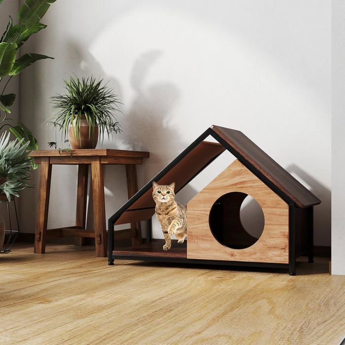 Meilleurs prix pour GIANTEX Niche Chat en Bois avec 2 Entrées 84 x 43 x 59 CM Toit en PVC Amovible et Lavable  Structure en Métal (Naturel)