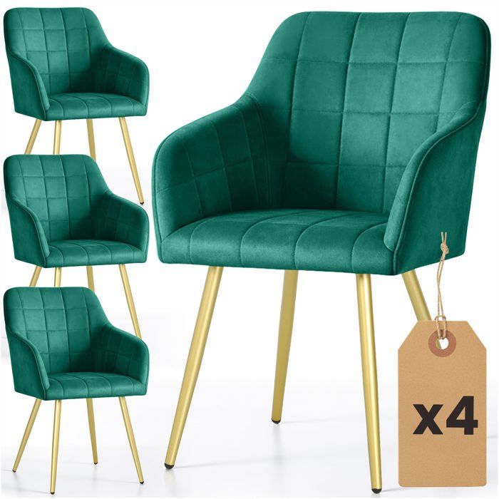 Lot de 4 Chaises rembourrées à surpiqûres carrées LUXANO Vert Bouteille pieds dorés