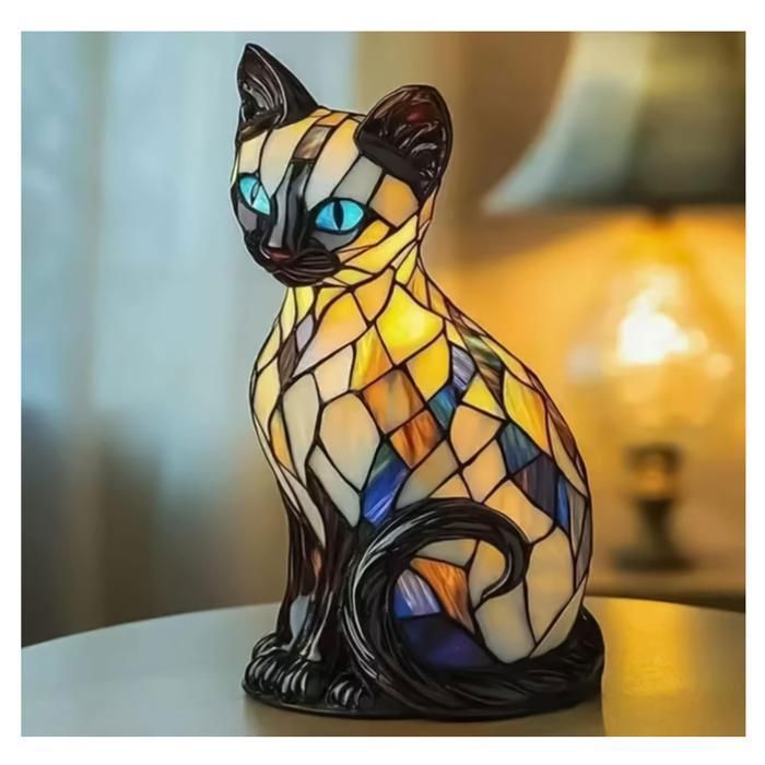 Lampe Pour Chat Lampe Pour Chat En Vitrail Table USB Vintage 3D Veilleuse LED En Résine Décorative Pour Les Amoureux Des REFLECTEUR