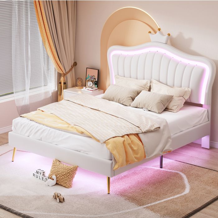 Lit enfant rembourré blanc 140 × 200 avec LED tête coquillage couronne sans matelas