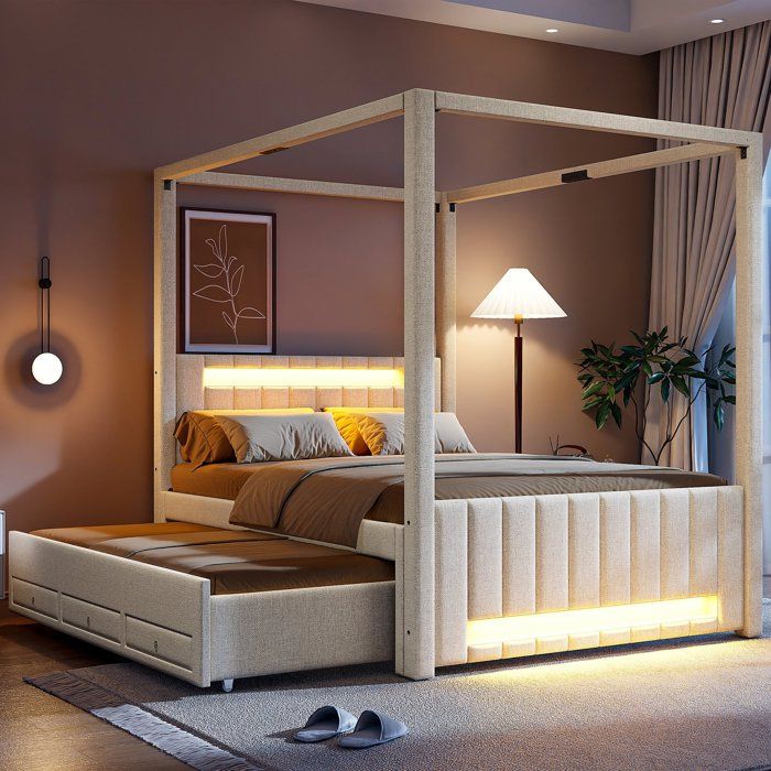 Lit à baldaquin enfant 140x200 cm Lit double en lin avec LED lit gigogne 3 tiroirs de rangement et sommier à lattes - blanc