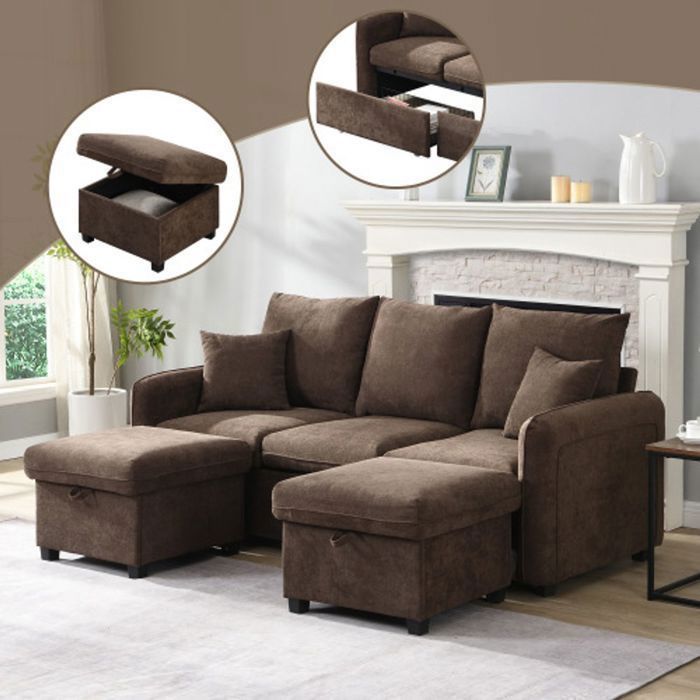 Canapé modulable - SOGEU - 3 places convertible - Tissu chenille marron - 2 tiroirs & pouf coffre - Structure bois/métal