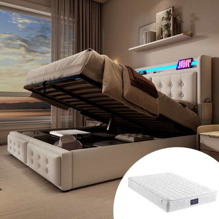 Lit coffre 160x200 avec matelas lit tapissier double beige avec LED USB C et sommier relevable charge 300kg