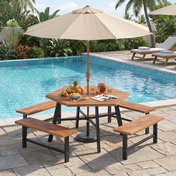 Ensemble table et chaises de jardin - 6 places - Plateau bois de mimosa - Structure métal H - Trou parasol