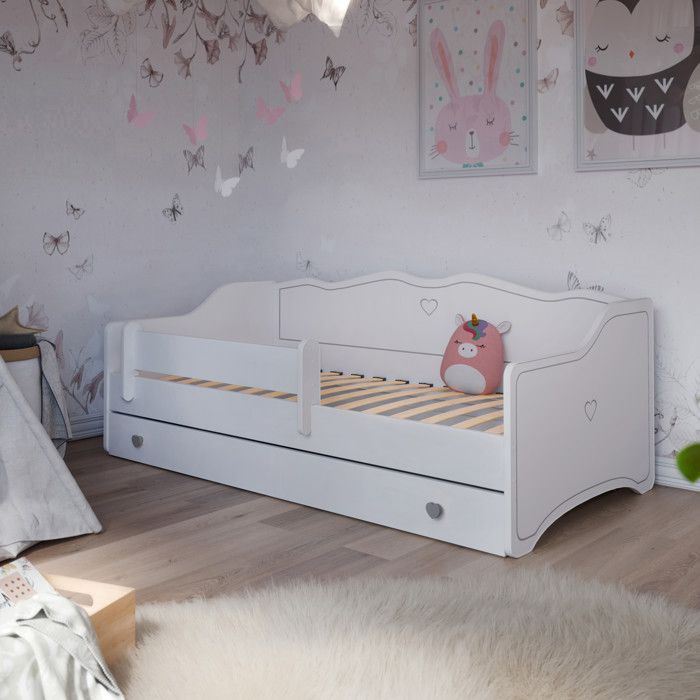Lit enfant 80x180 EMMA – Blanc/gris – Avec sommier et tiroir lit