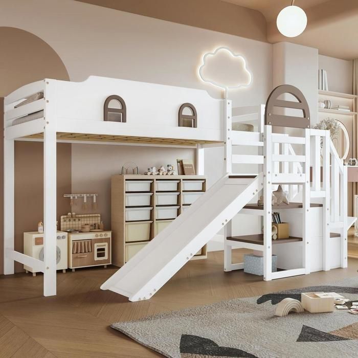 Lit superposé enfant - KOMHTOM - Fenêtre-Toboggan - Toboggan - Escalier avec 2 coffres - 90x200 cm