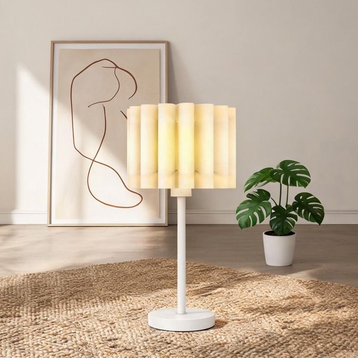 Lampe à poser ronde contemporaine en blanc classique base métal et abat-jour plastique Ø25 x H48 5 cm E27