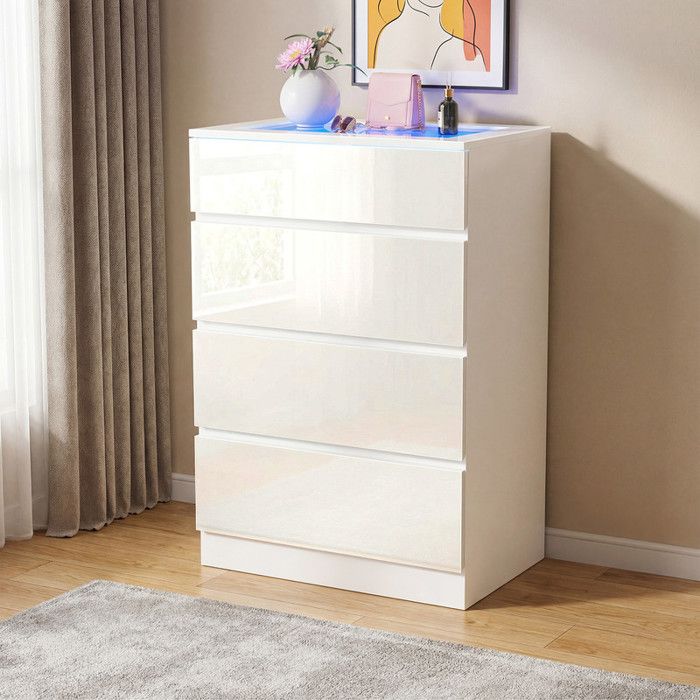 Commode 4 Tiroirs LED – FIANAO – Éclairage LED 20 Couleurs – Plateau en Verre – Meuble de Rangement 60x40x90cm