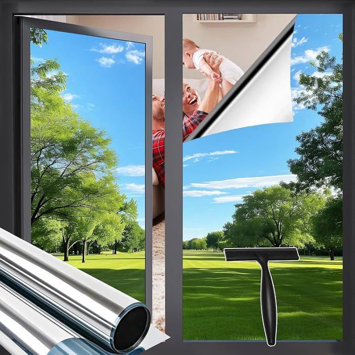 Film Fenetre Anti Regard Film Anti Chaleur Bon Effet Miroir avec Kit de Pose Anti UV Film Miroir (Adhésif) 1195×120cm