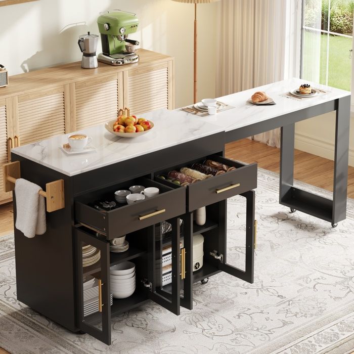 Îlot de cuisine mobile - Table extensible 1325-217 cm - Rangement avec tiroirs et portes vitrées - Étagères réglables