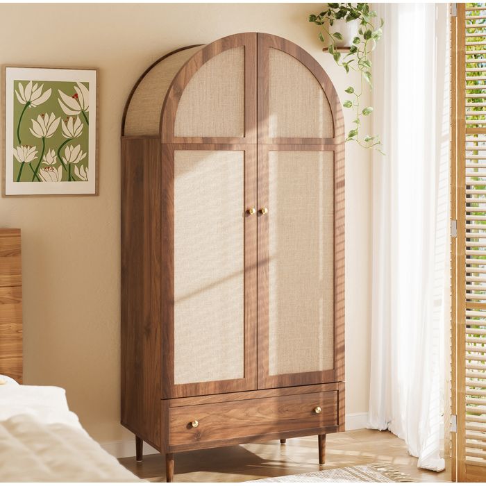 MEUBLIV Armoire de chambre 79 x 50 x 175 cm 2 portes en tissu 1 tiroir finition noyer aspect bois