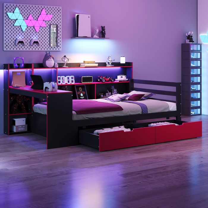 HOMVRA Lit 1 place 90x200 cm avec bureau étagères 2 tiroirs LED et prises USB bois noir et rouge
