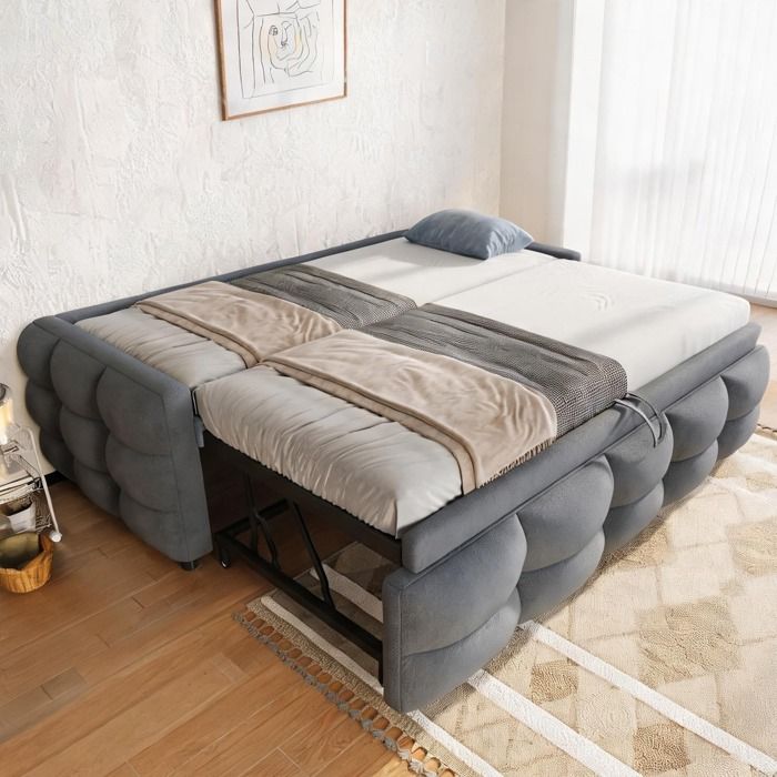 Sommier tapissier extensible en tissu Teddy gris froid 90/180x190 cm avec lattes chambre dappoint