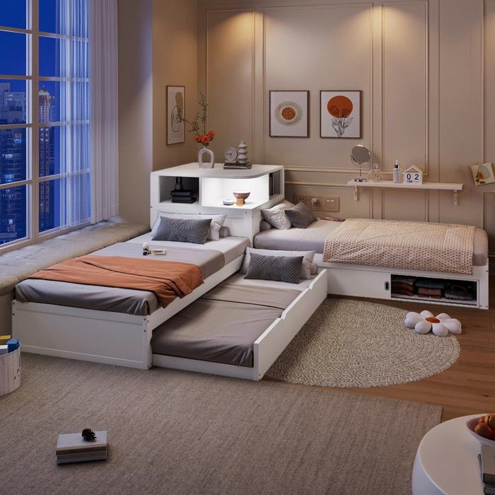LIT - PAGE LIVING - PAGE Living - 90x200 cm - lit gigogne coulissant - rangement portes coulissantes & LED