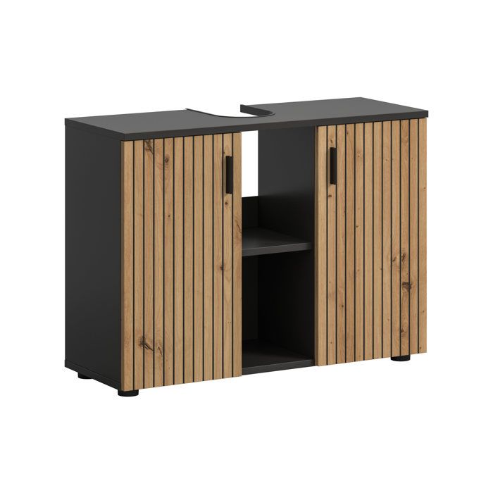 [en.casa] Mone meuble sous-évier 80 x 30 x 59 cm basalte et décor chêne artisan