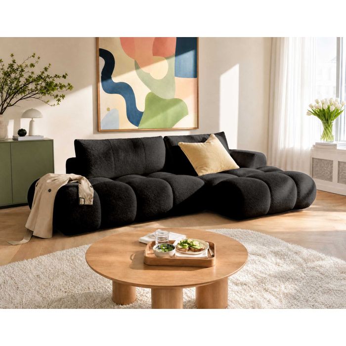 Yulin - Canapé dangle ouvert droit 4 places convertible avec coffre en tissu bouclette - Noir Yulin - Canapé dangle ouvert droit 4 places convertible avec coffre en tissu bouclette - Noir