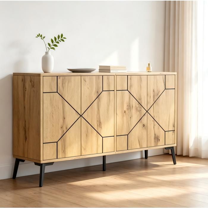 Buffet 4 portes style industriel AESVAR 120 x 35 x 69 cm aspect bois naturel et noir