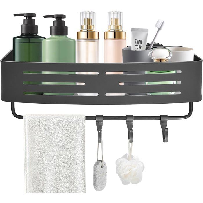 Support Douche Ventouse Sans Percage Étagère de Douche Aluminium Rangement Mural Support Salle de Bain Sans Percage avec Crochets