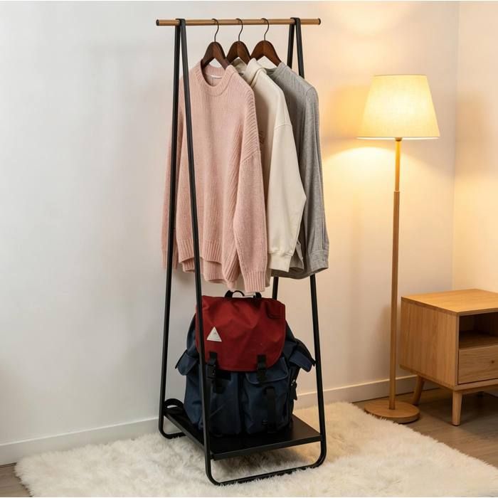 Porte-vetements sur pied noir metal et bois – etagere montage facile 30 kg