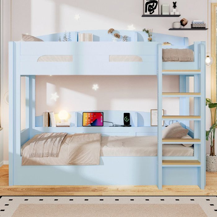 Bladez - Lit superposé 90x200cm Lit double avec étagère de rangement échelle port USB et barrière de sécurité Lit enfant - Bleu
