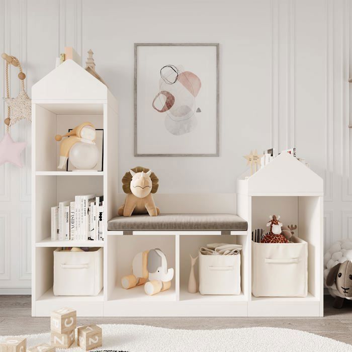 Bibliothèque Enfant avec Banc – 6 Cubbies Coin Lecture Intégré Rangement Jouets/Livres Idéale pour Chambre/Salle de Jeux121cm
