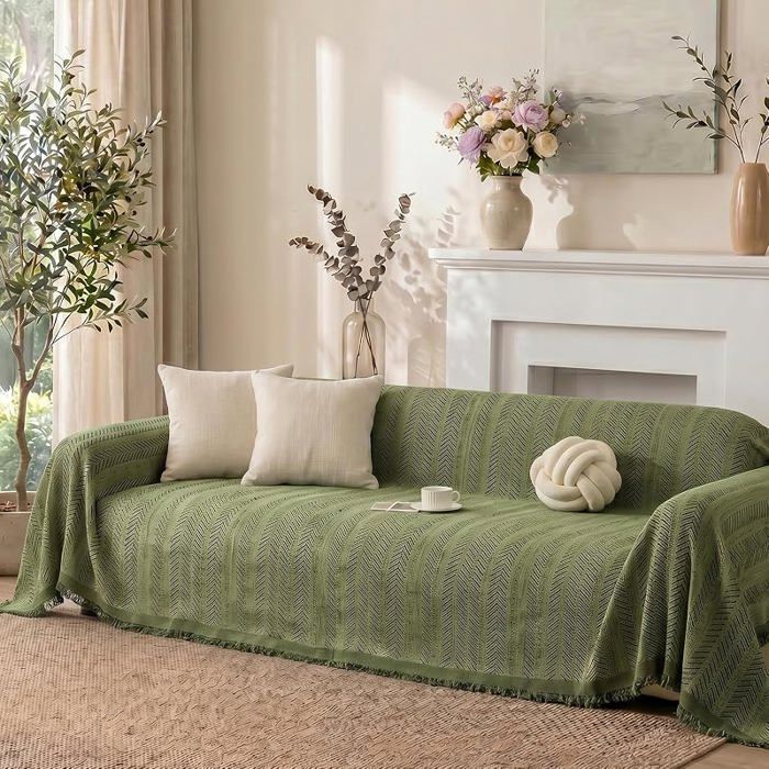 Housse de canapé 2 pces en chenille à chevrons avec pampilles hydrofuge vable en forme de LVert 180x260cm HOUSSE DE FAUTEUIL