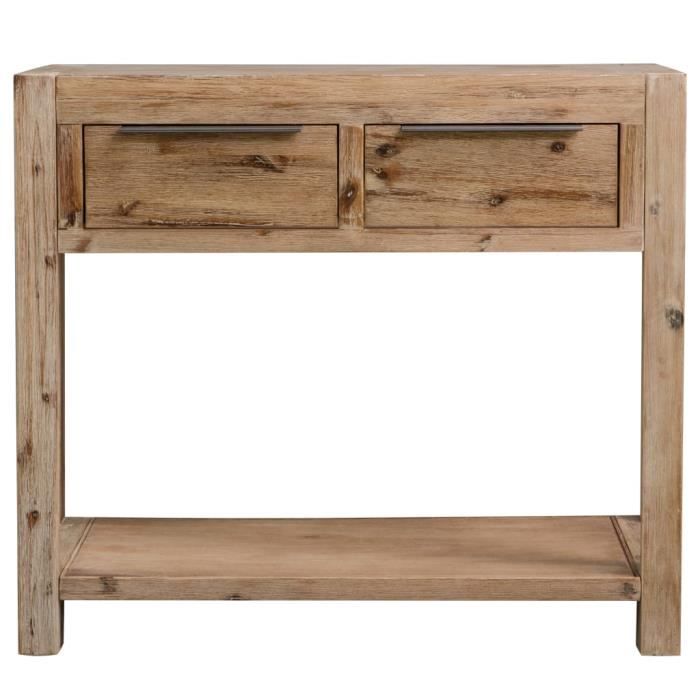 Table console - ASHATA - 82x33x73 cm - Bois dacacia massif - 2 tiroirs - Finition brossée