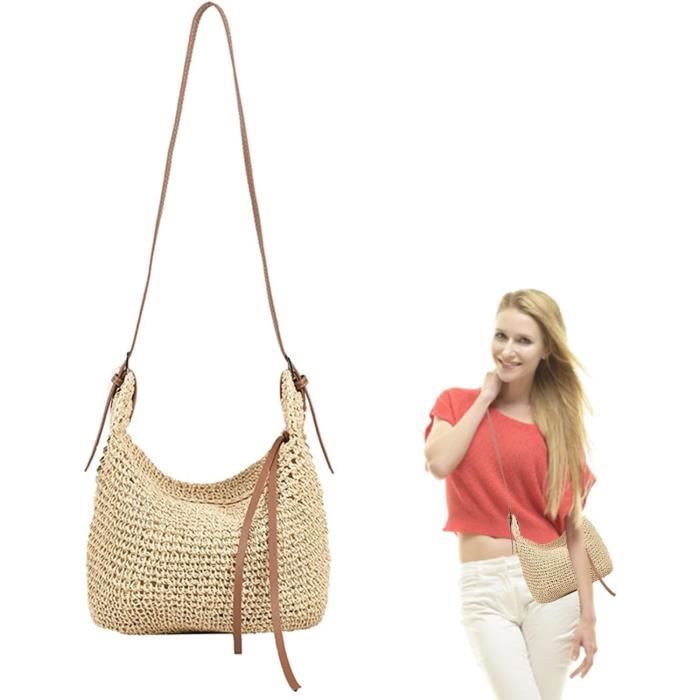 Sacs dépaule Sacs de Paille Sacs de Plage pour Les Femmes tissées dété avec Sacs à Main à Fermeture éclair Beige