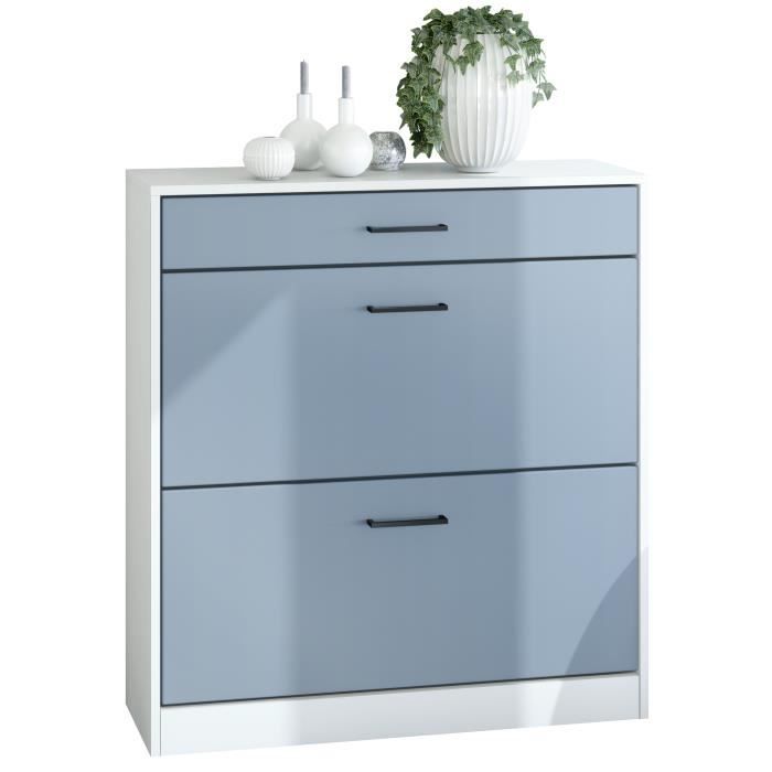 Vladon Meuble à chaussures inclinable Elvas – 89 x 95 5 x 27 cm – Caisson en Blanc mat façade en Denim mat
