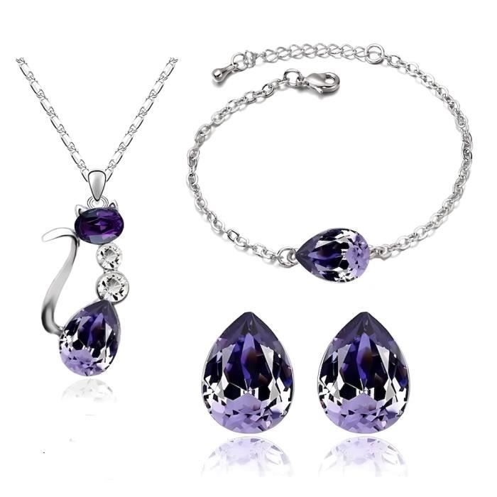 Parure Bijoux Chat Goutte Bracelet Cristal Swarovski Elements Violet Plaqué Or Blanc 750