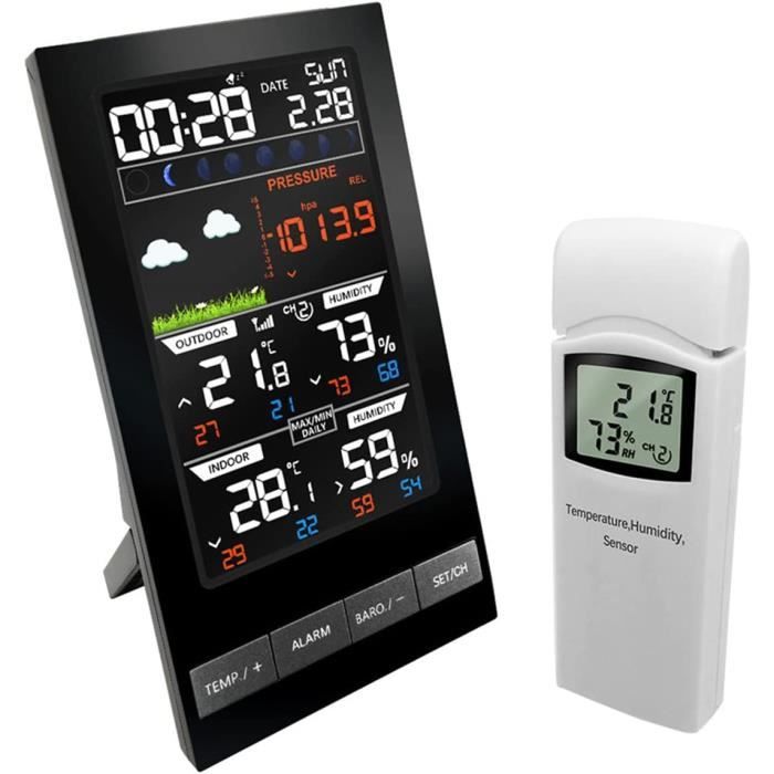 Station Météo Sans Fil - Thermomètre/Hygromètre Intérieur/Extérieur, Pression Atmosphérique, Prévisions 12h - Écran Couleur LCD - 2