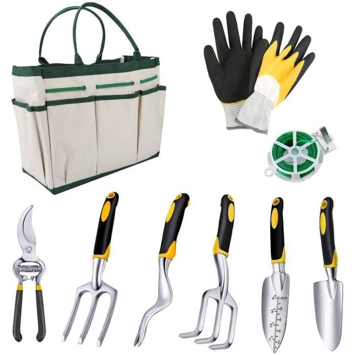 Ensemble d'outils de jardin avec truelle, fourche, transplanteur, râteau, désherbant, cisailles, corde à plantes, gants