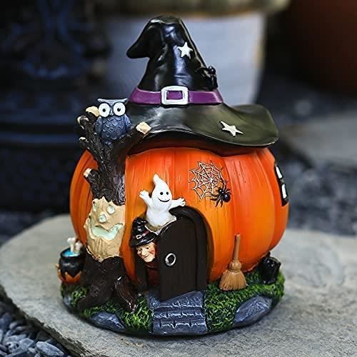 Statue Sorcière Halloween Lumineuse Avec Citrouille Et Balai - Décoration Scary Résine 12,4x9,8x15,8 Cm