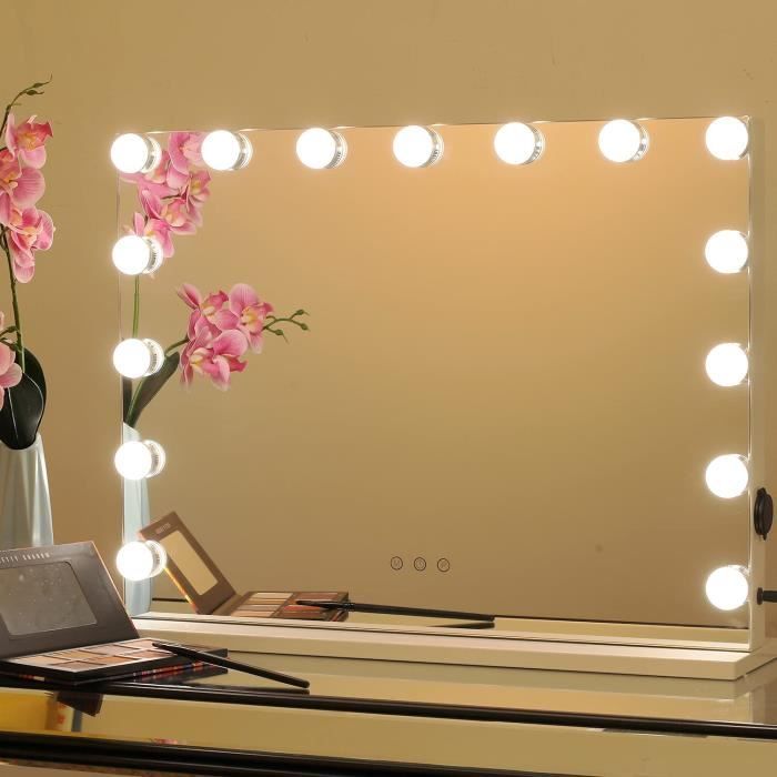 WAYKING Miroir de Maquillage Lumineux Hollywood avec lumières LED Grand Miroir cosmétique avec 15 Ampoules et Plateau de Table Blanc contrôle Tactile 